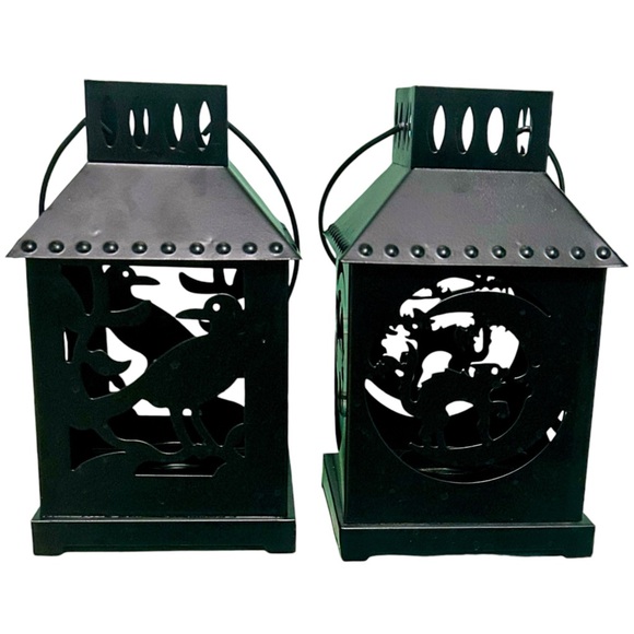 Set of Two Metal Halloween Tealight Candle Lanterns Raven Cat Moon - Picture 1 of 7